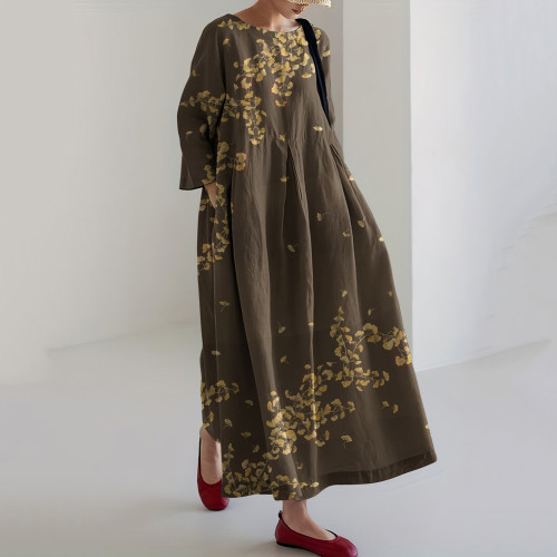Japanese Flowers Art Linen Blend Long Sleeve Maxi Dress