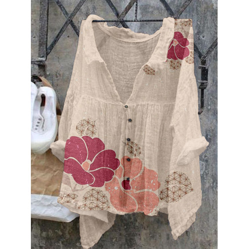 Japanese Flowers Art Pattern Button Up Cozy Shirt