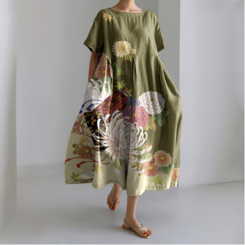 Japanese Flowers Print Linen Maxi Dress