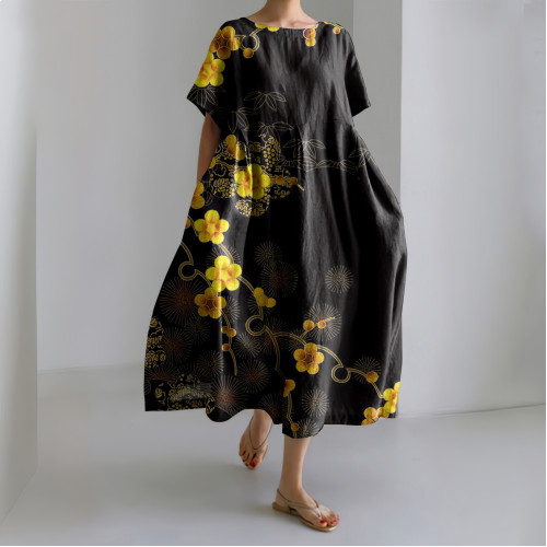 Japanese Flowers Print Linen Maxi Dress