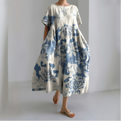 Japanese Flowers Printed Linen Blend Maxi Dress