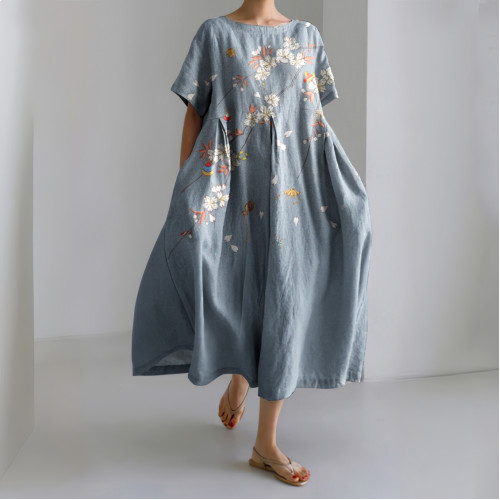 Japanese Flowers Printed Linen Blend Maxi Dress