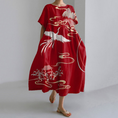 Japanese Flowers & Cranes Art Linen Blend Casual Dress