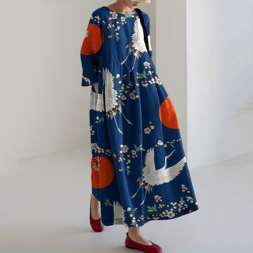 Japanese Flowers & Cranes Art Linen Blend Long Sleeve Maxi Dress