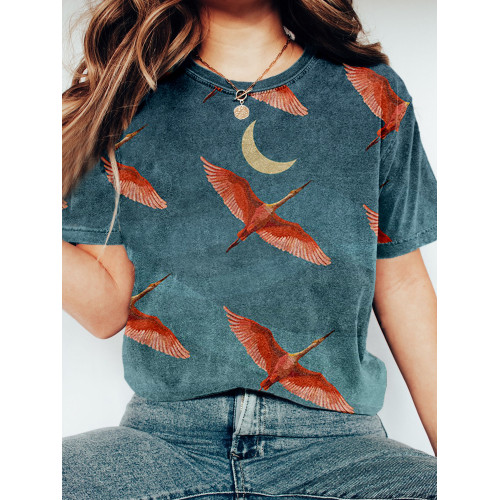 Japanese Flying Birds and Moon Art Vintage Washed T Shirt