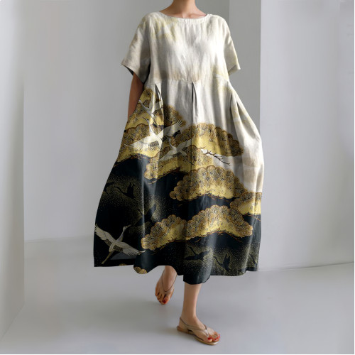 Japanese Flying Crane & Pine Tree Art Linen Blend Maxi Dress