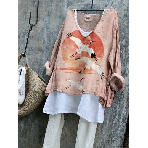 Japanese Flying Cranes Art Linen Blend Flowy Tunic
