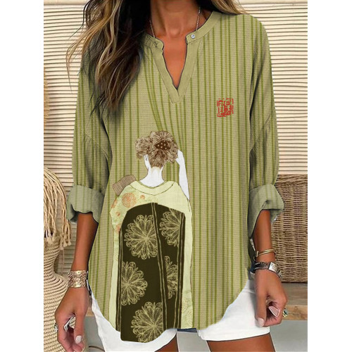 Japanese Geisha Back View Striped Linen Blend Tunic