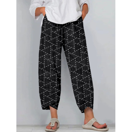 Japanese Geometric Sashiko Pattern Cropped Casual Pants