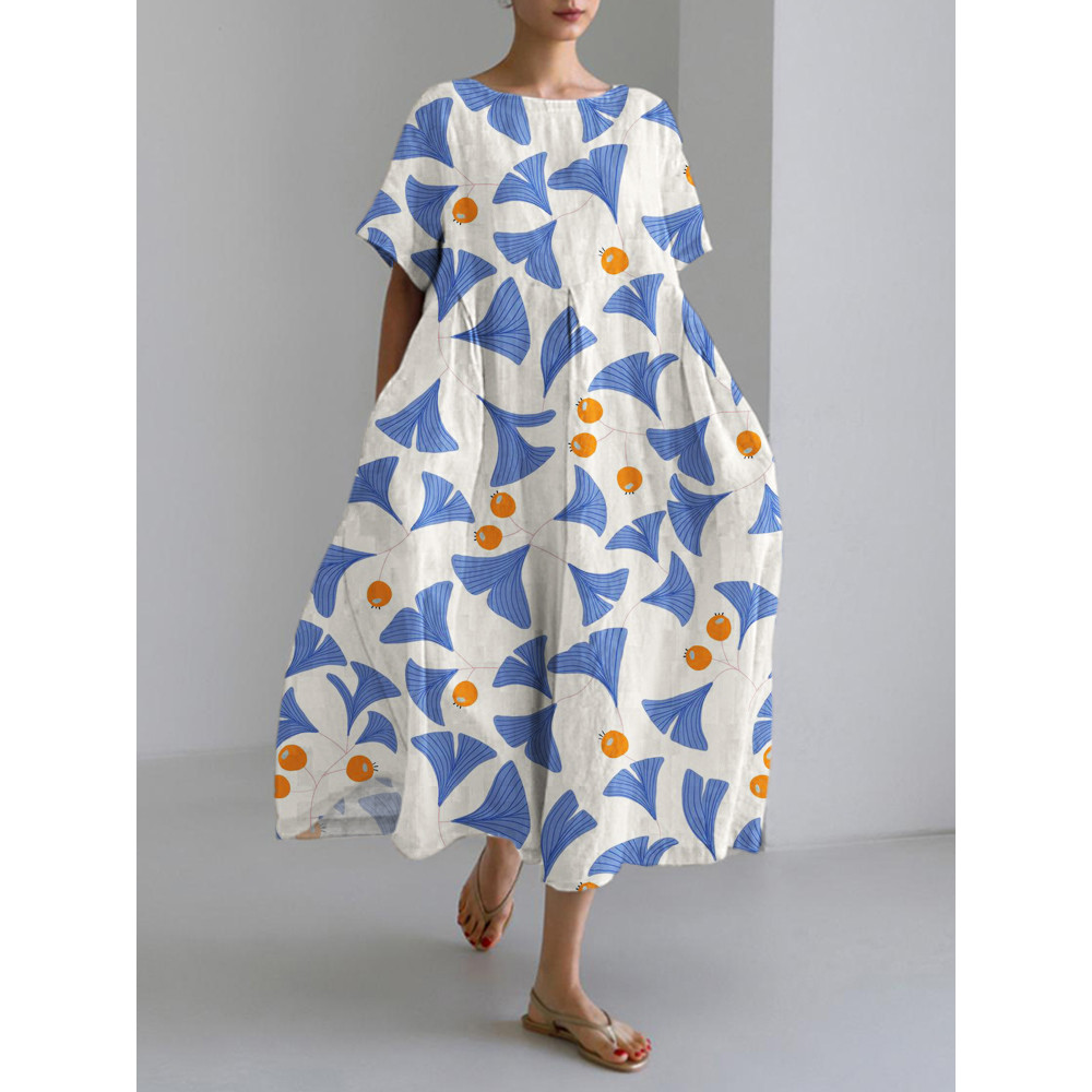 Japanese Ginkgo Biloba Pattern Linen Blend Maxi Dress