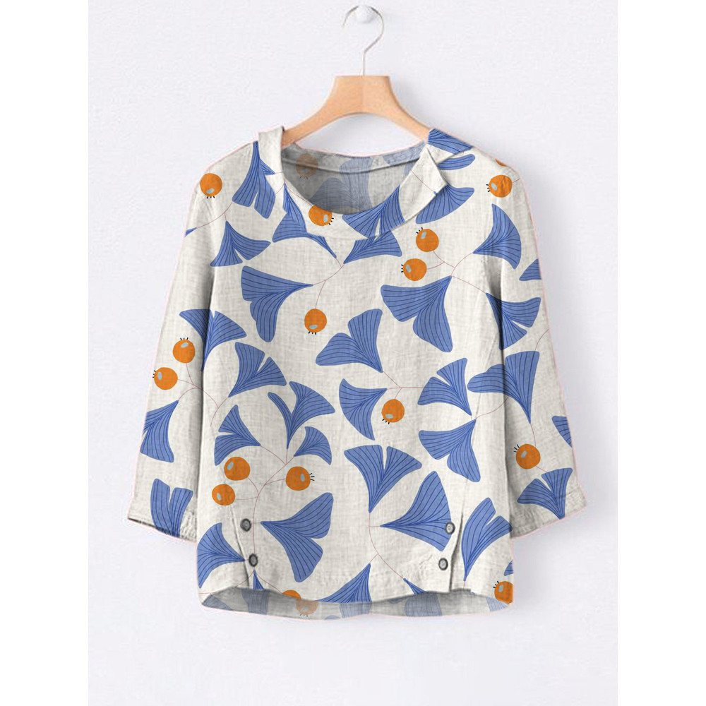 Japanese Ginkgo Biloba Pattern Linen Lapel Loose Shirt