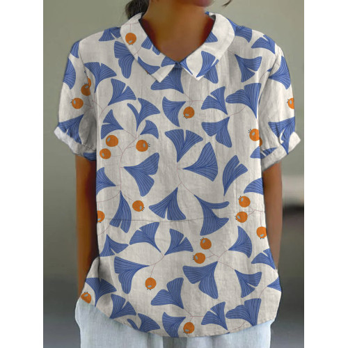 Japanese Ginkgo Biloba Pattern Linen Lapel Shirt