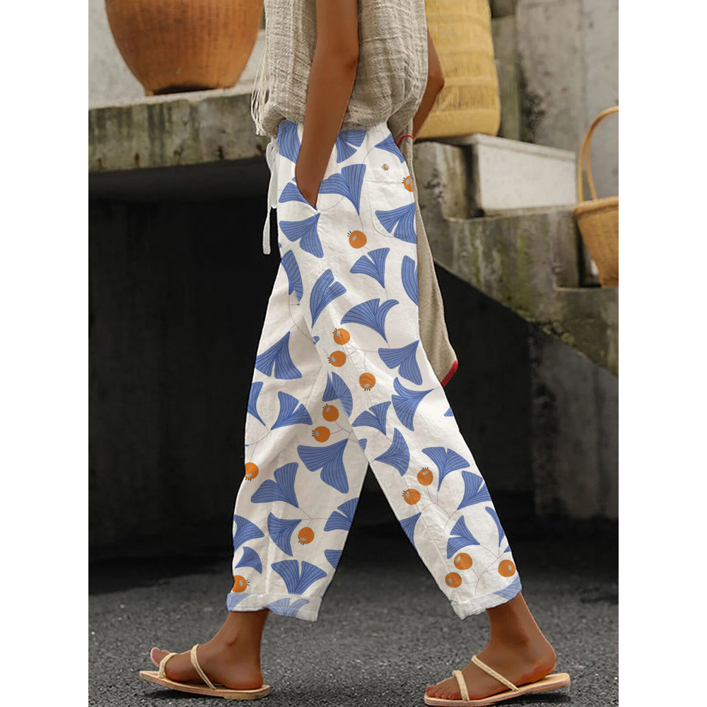 Japanese Ginkgo Biloba Pattern Women's Linen Pants