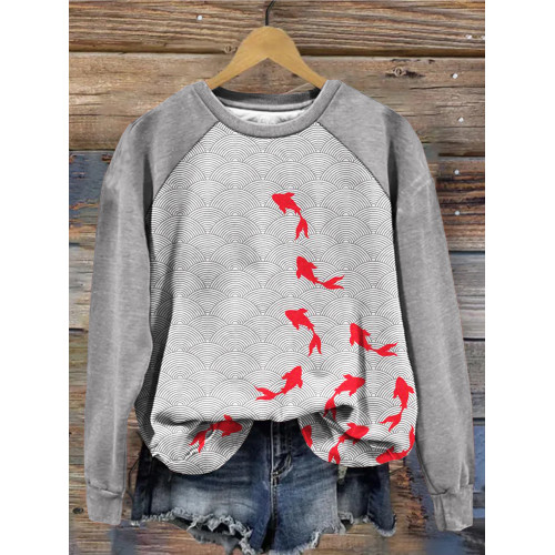 Japanese Gold Fish Art Graphic Contrast Vintage Sweatshirt