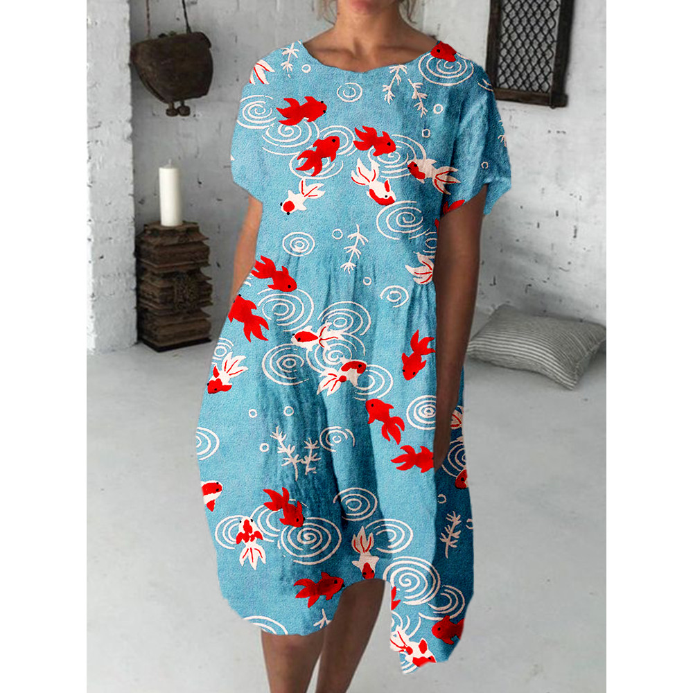 Japanese Gold Fish Art Graphic Crew Neck Midi Dress