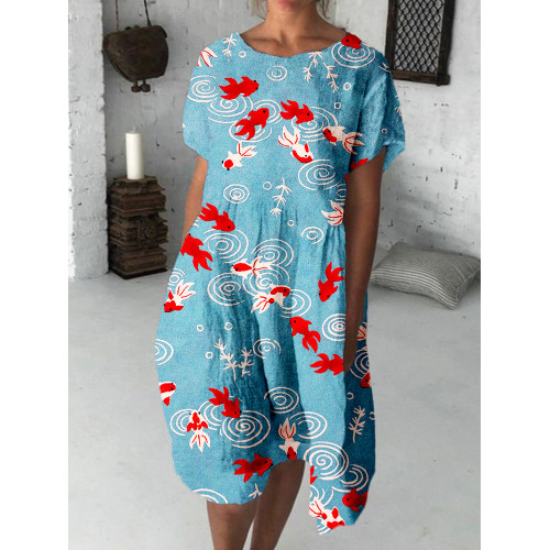 Japanese Gold Fish Art Graphic Crew Neck Midi Dress