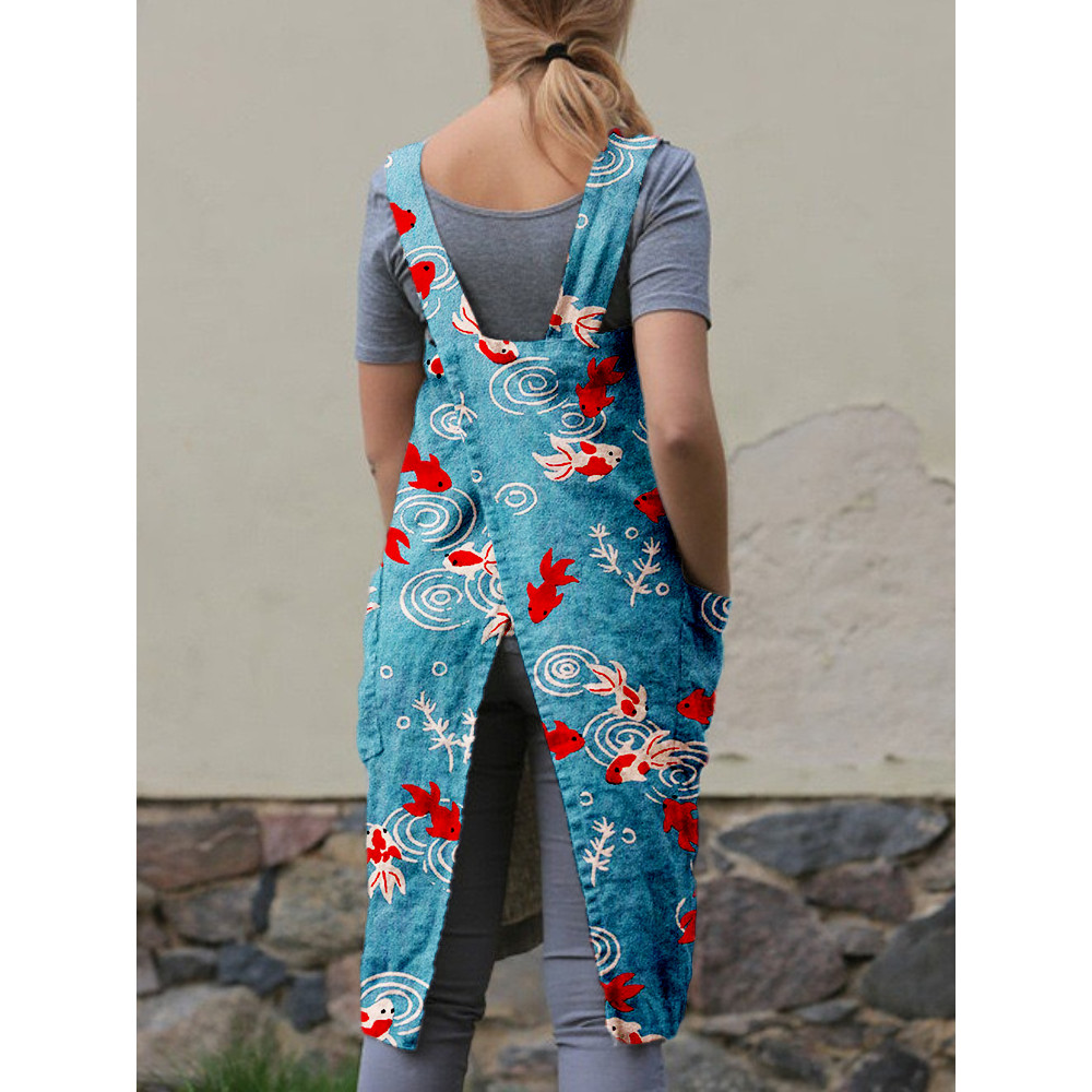 Japanese Gold Fish Art Graphic Patch Pocket Cross Back Apron