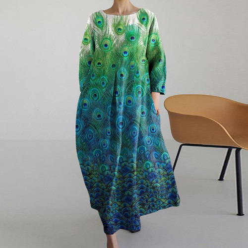 Japanese Gorgeous Peacock Feather Art Vintage Long Sleeve Midi Dress