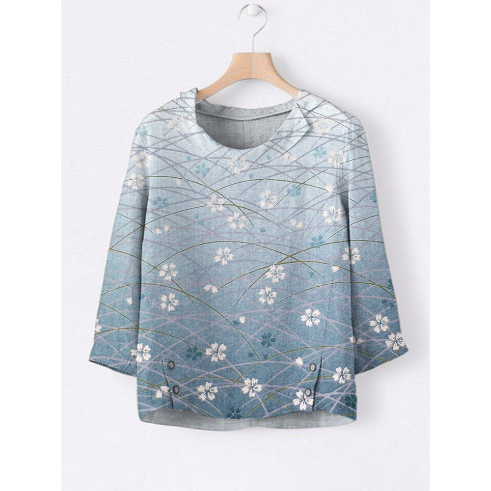 Japanese Gradient Cherry Blossom Linen Lapel Top