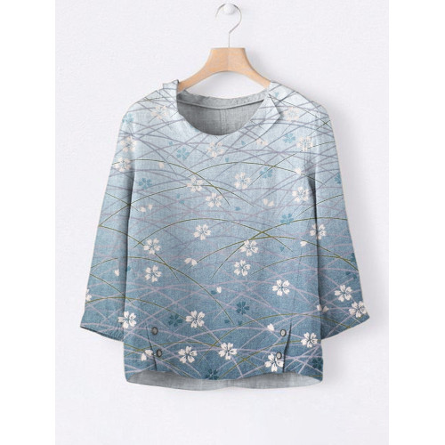 Japanese Gradient Cherry Blossom Linen Lapel Top
