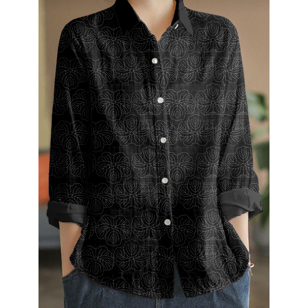 Japanese Hanami Cherry Blossoms Sashiko Art Linen Blend Blouse