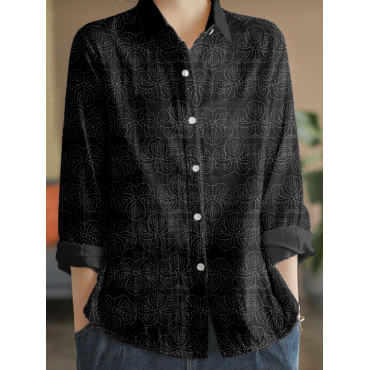 Japanese Hanami Cherry Blossoms Sashiko Art Linen Blend Blouse