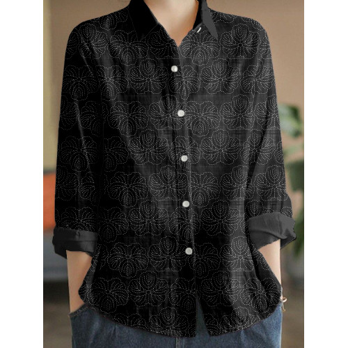 Japanese Hanami Cherry Blossoms Sashiko Art Linen Blend Blouse