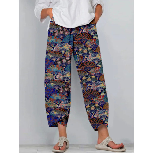 Japanese Inspired Fans Pattern Cropped Casual Pants