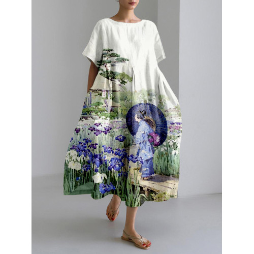 Japanese Iris Painting Art Linen Blend Maxi Dress