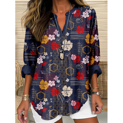 Japanese Kabuki Classic Pattern Linen Blend Shirt