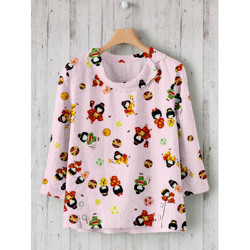 Japanese Kimono Doll Graphic Linen Blend Shirt