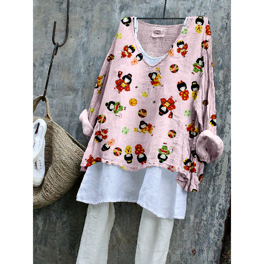 Japanese Kimono Doll Graphic Linen Blend Tunic