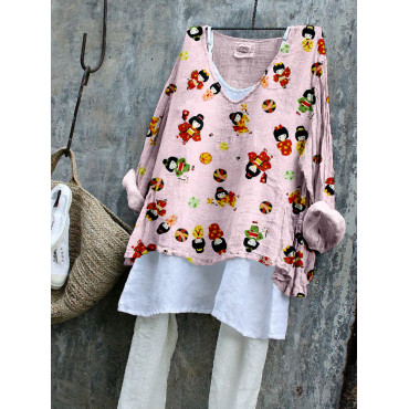 Japanese Kimono Doll Graphic Linen Blend Tunic