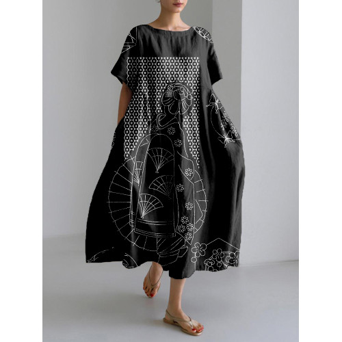 Japanese Kimono Woman Pattern Linen Blend Maxi Dress