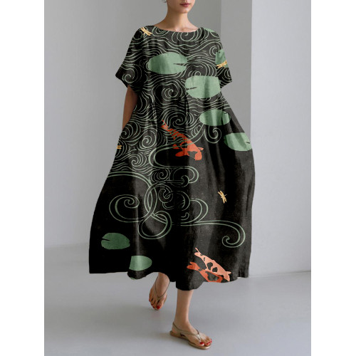 Japanese Koi Pond Art Linen Blend Cozy Maxi Dress
