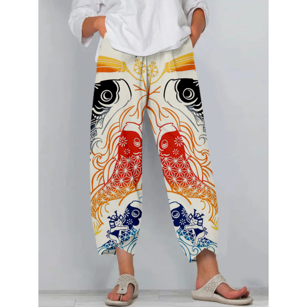 Japanese Koinobori Art Cropped Casual Pants