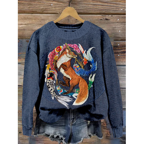 Japanese Koinobori & Fox Embroidery Art Cozy Sweater