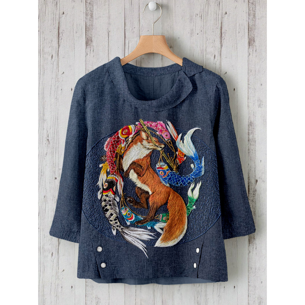Japanese Koinobori & Fox Embroidery Art Linen Blend Shirt