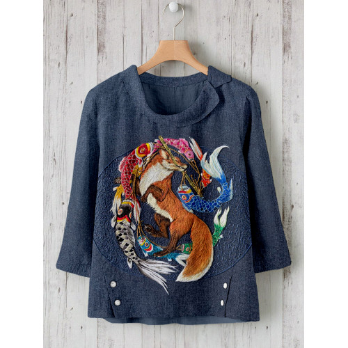 Japanese Koinobori & Fox Embroidery Art Linen Blend Shirt