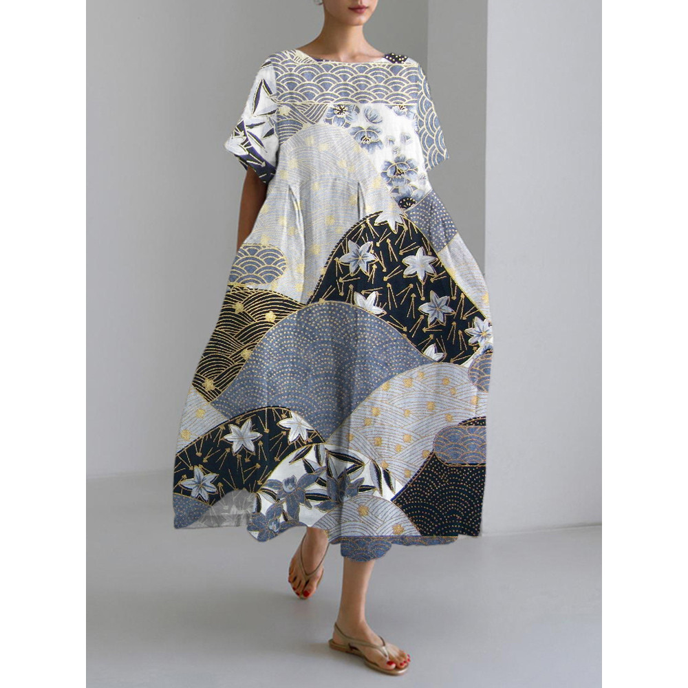 Japanese Landscape & Flower Print Linen Blend Maxi Dress