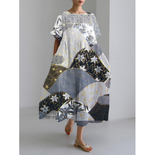 Japanese Landscape & Flower Print Linen Blend Maxi Dress