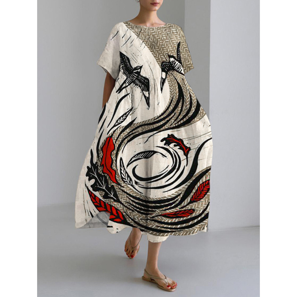 Japanese Line Art Linen Blend Maxi Dress