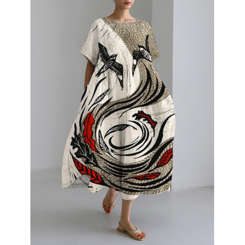 Japanese Line Art Linen Blend Maxi Dress