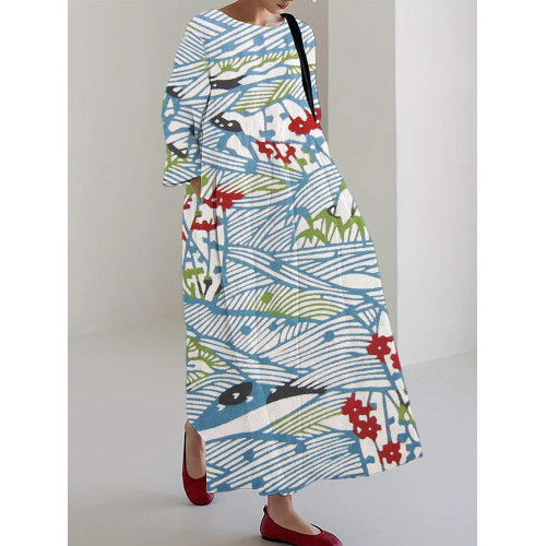 Japanese Line Floral Print Linen Blend Maxi Dress