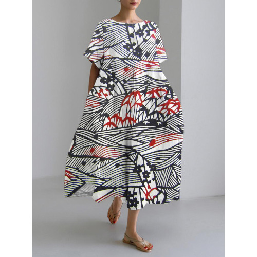 Japanese Line Flower Print Linen Blend Maxi Dress