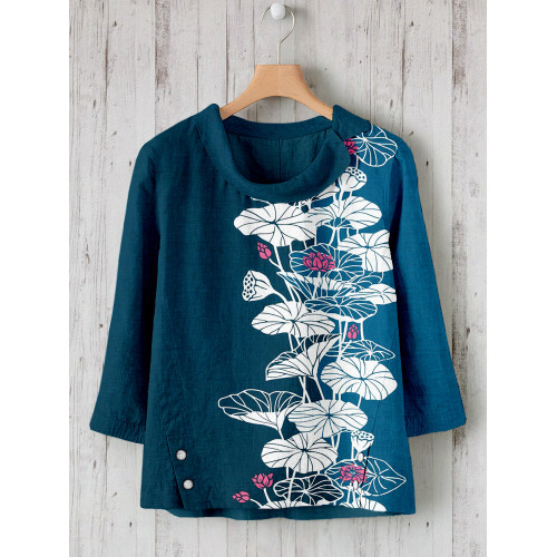 Japanese Lotus Flower Art Contrast Linen Blend Shirt