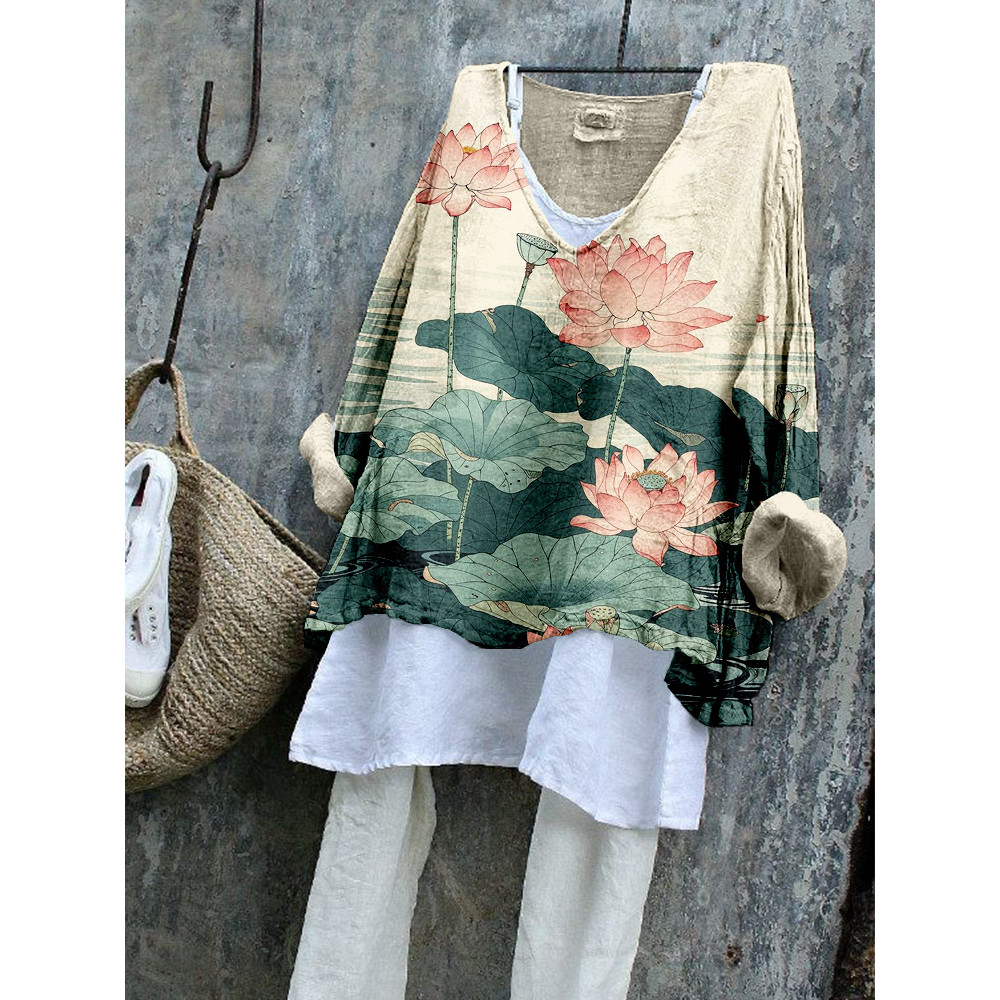 Japanese Lotus Flower Woodcut Art Linen Blend Shirt