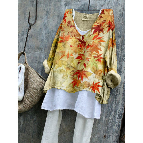 Japanese Maple Leaves Art Linen Blend Flowy Tunic