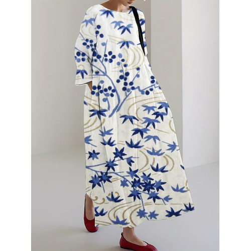 Japanese Maple & Cloud Print Linen Blend Cozy Maxi Dress