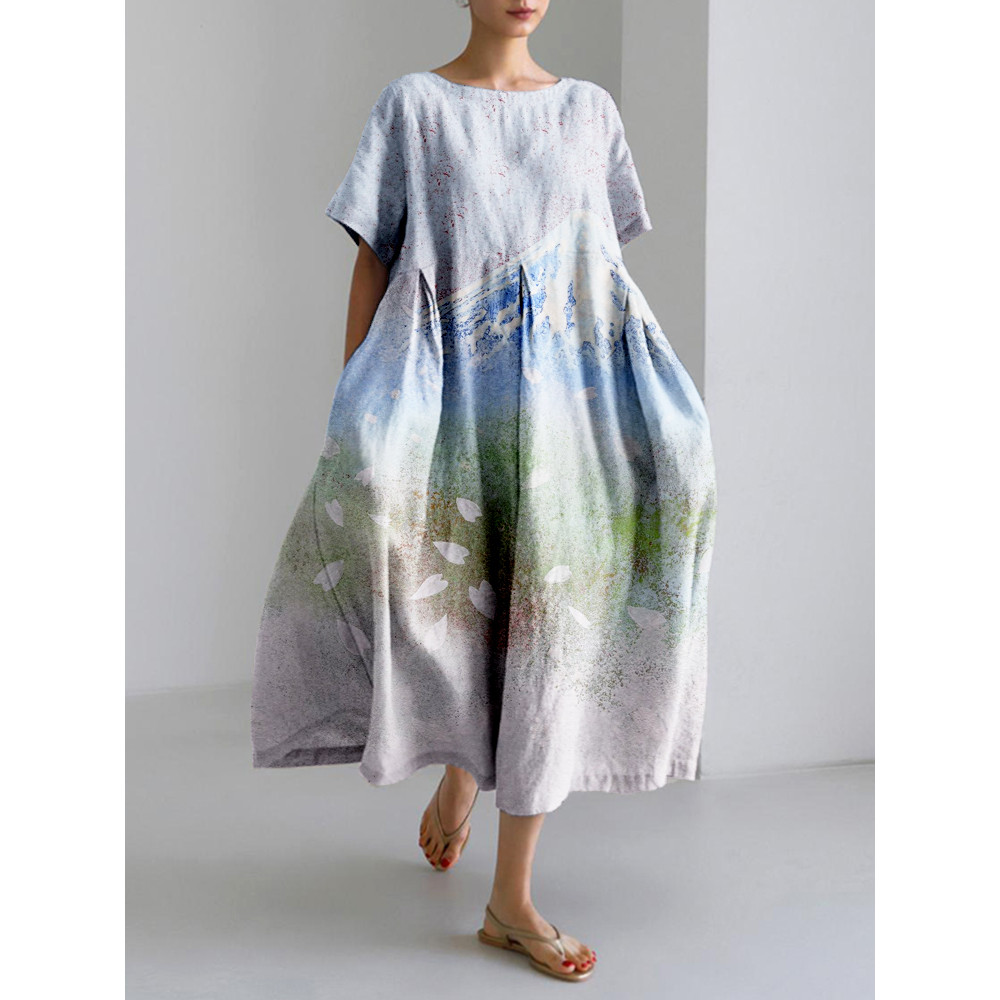 Japanese Mount Fuji Art Linen Blend Maxi Dress